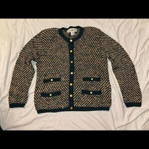 NWOT. Peruvian Connection Cardigan Green Tweed  Sweater Gold Button Down Vintage
